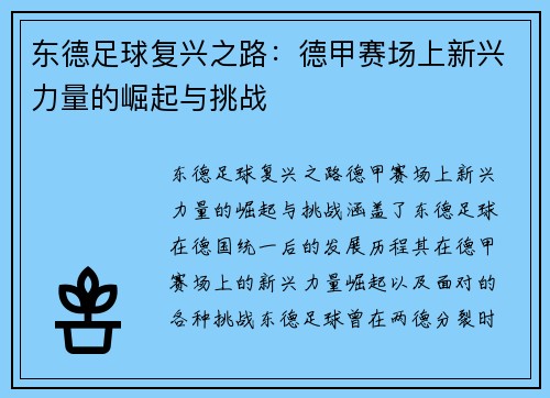 东德足球复兴之路：德甲赛场上新兴力量的崛起与挑战
